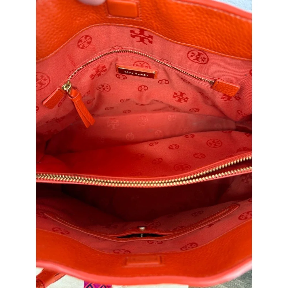Tory Burch Taylor Tote Bag Coral Red Pebbled Leather Purse Tassel Dust Bag